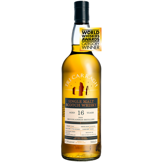 Bottle of Tri Carragh Single Malt Scotch Whisky with a World Whiskies Awards Category Winner label on a white background.