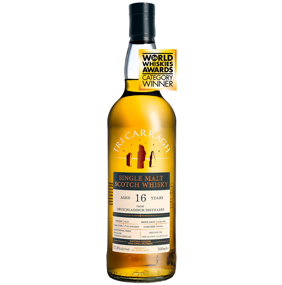 Bottle of Tri Carragh Single Malt Scotch Whisky with a World Whiskies Awards Category Winner label on a white background.