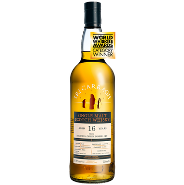 Bottle of Tri Carragh Single Malt Scotch Whisky with a World Whiskies Awards Category Winner label on a white background.