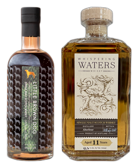 The Aberlour Duo: Little Brown Dog and Whispering Waters 11 Year single casks side by side