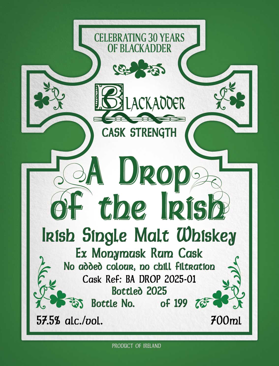 Blackadder A Drop of the Irish, Irish single malt, ex-Monymusk rum cask, label