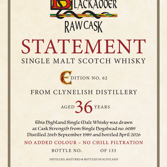 Blackadder Raw Cask Statement No. 62, Clynelish 36 Year, hogshead 6089, label