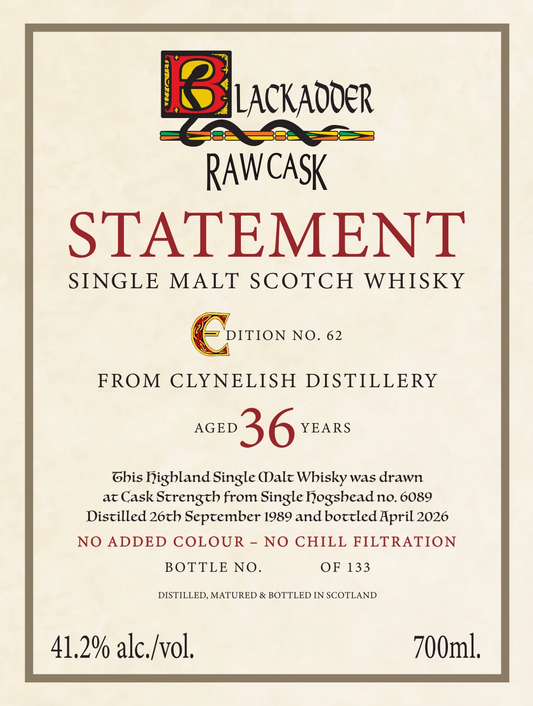 Blackadder Raw Cask Statement No. 62, Clynelish 36 Year, hogshead 6089, label