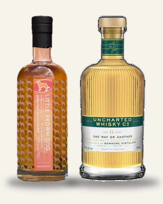 The Bowmore 11 Duo: Little Brown Dog refill bourbon and Uncharted first fill bourbon