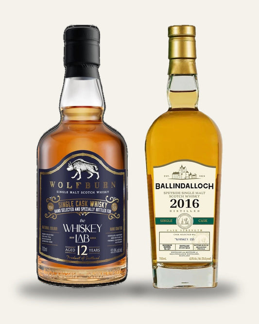 The Co-Brand Duo: Wolfburn 12 Year and Ballindalloch 10 Year, both cask selected by The Whiskey Lab