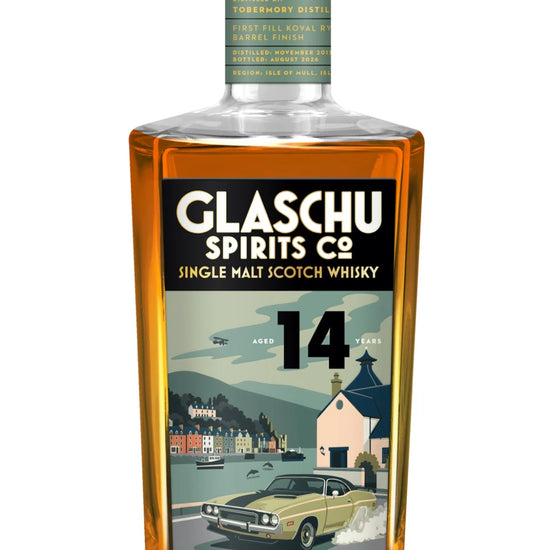 Glaschu Spirits Ledaig 14 Year, Koval rye barrel finish, The Whiskey Lab label with 1973 Dodge Challenger