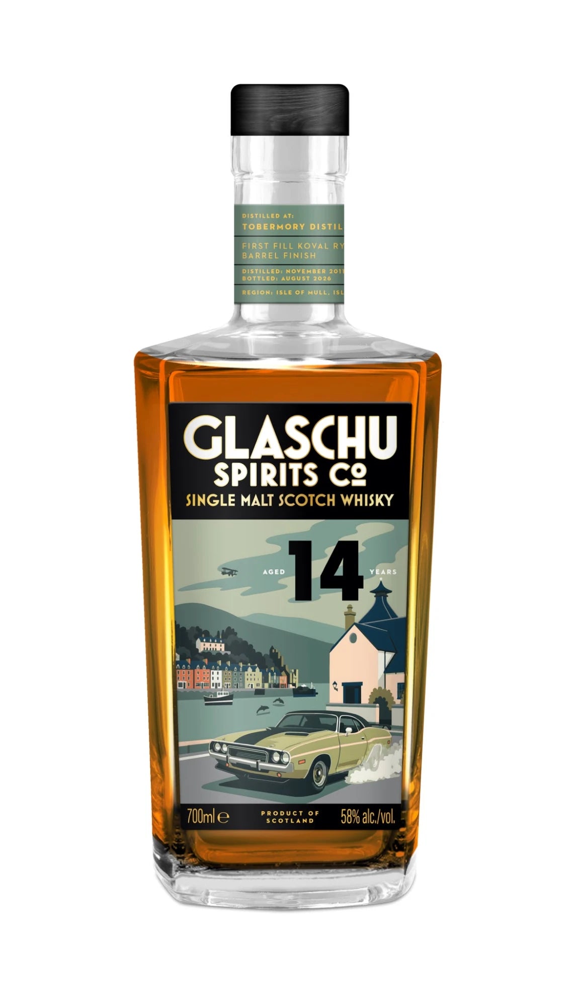 Glaschu Spirits Ledaig 14 Year, Koval rye barrel finish, The Whiskey Lab label with 1973 Dodge Challenger
