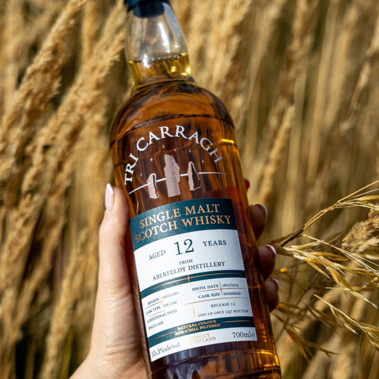 Tri Carragh Aberfeldy 12 Year in hand, barley field