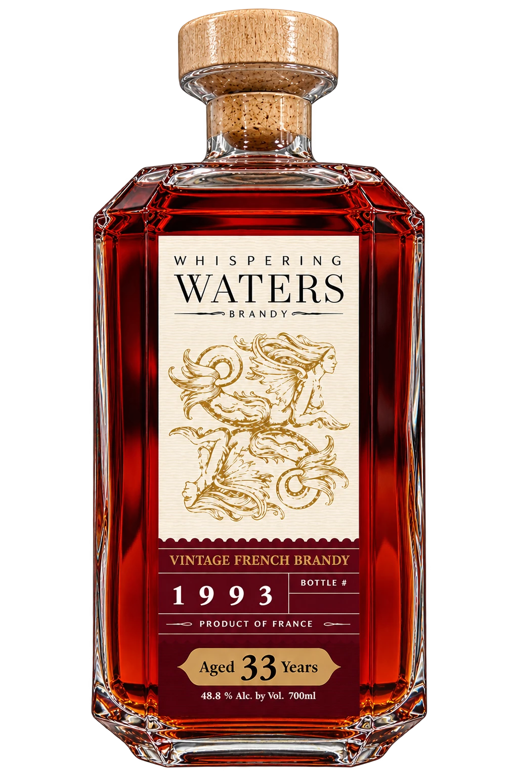 Whispering Waters Vintage French Brandy 1993, 33 Year, label mockup
